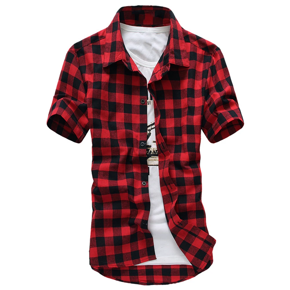 Collared Down Mens Plaid Sleeve Summer Tops Beach Blouse Button Men Clothing Button Tops Male Shirts Daily Holiday