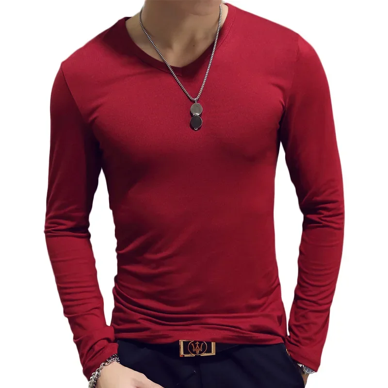 T Shirt Simple Long Sleeve Spring Autumn Tops Men's T-shirt Sets V-neck Solid Tshirts White Grey Blue T Shirt Men Tees New Tees - Image 2