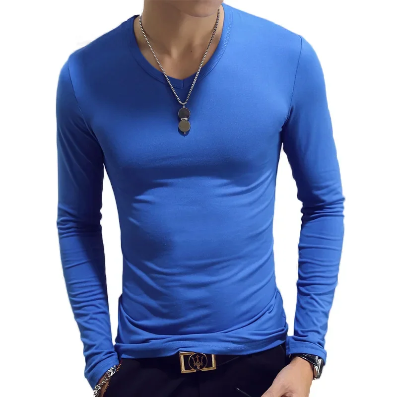 T Shirt Simple Long Sleeve Spring Autumn Tops Men's T-shirt Sets V-neck Solid Tshirts White Grey Blue T Shirt Men Tees New Tees - Image 4